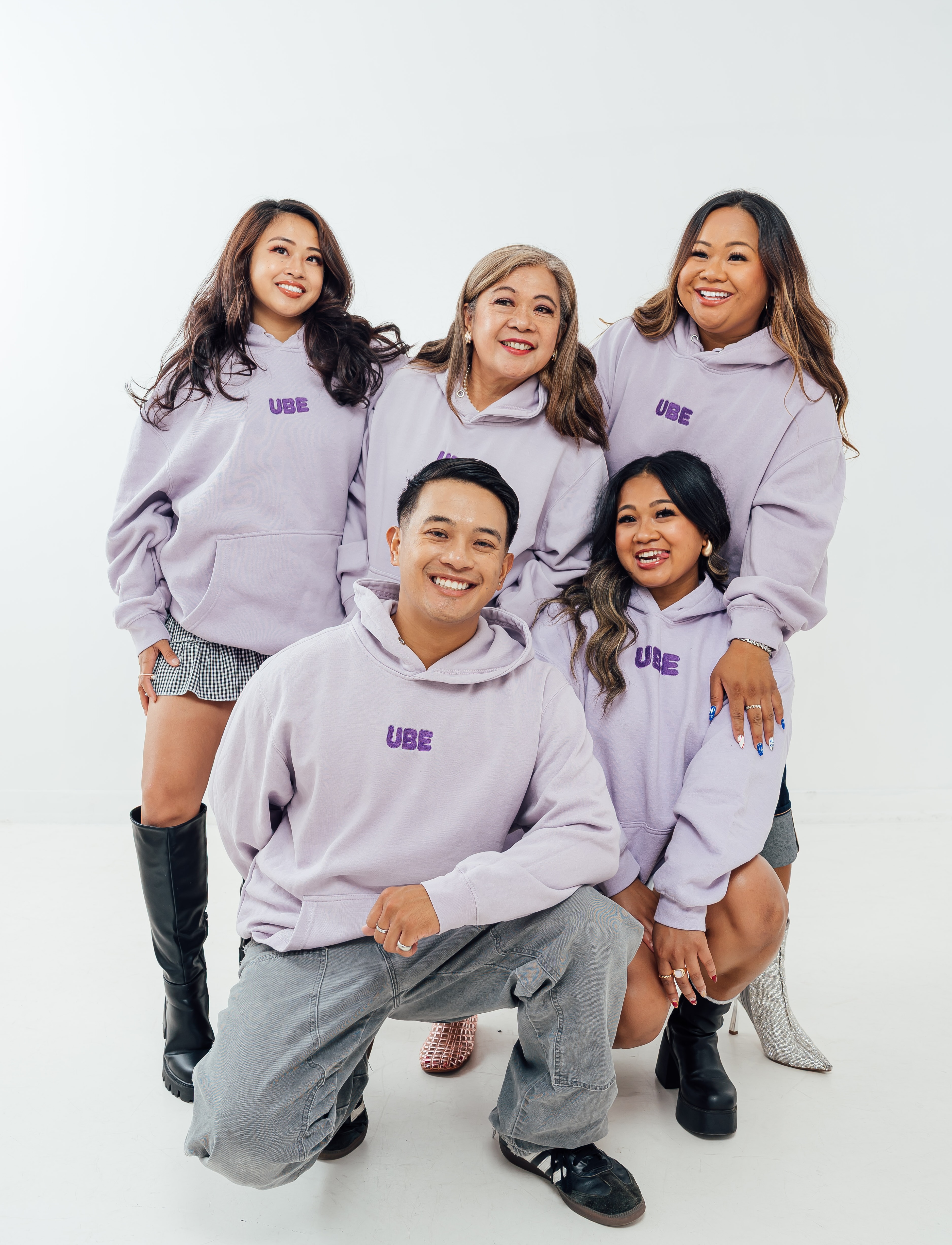 Filipino family wearing ube hoodies together